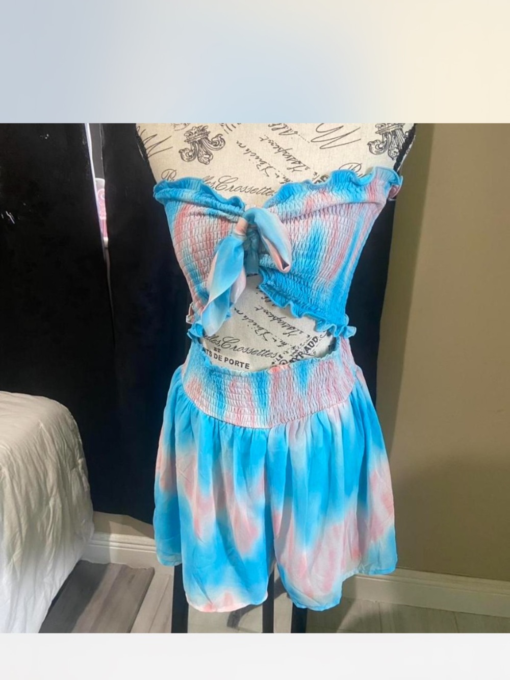 Fashion Nova Blue & Pink Tie-Dye Smocked Crop Top & Skirt Set